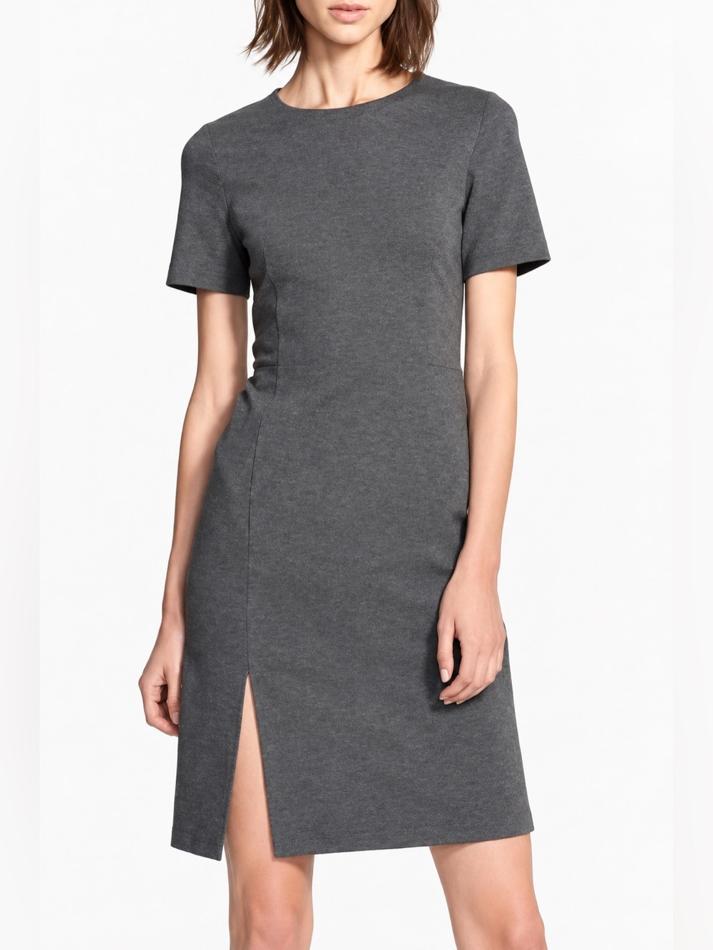 Theory Winstine Refiner Classic Short-Sleeve Gray Sheath Dress with Front Slit - Picture 1 of 11